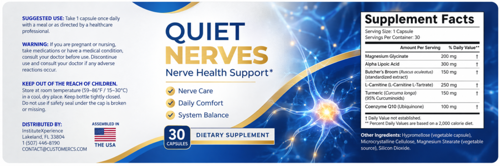 Product label for 'Quiet Nerves' dietary supplement bottle for nerve health support. Includes brand name, claims for Nerve Care, Daily Comfort, and System Balance, 30 capsules count, 'Supplement Facts' panel detailing ingredients like Magnesium Glycinate, Alpha Lipoic Acid, Turmeric, and Coenzyme Q10, usage instructions, warnings, and 'Made in THE USA' and 'InstituteXperience' branding against a blue background with stylized neural imagery.
