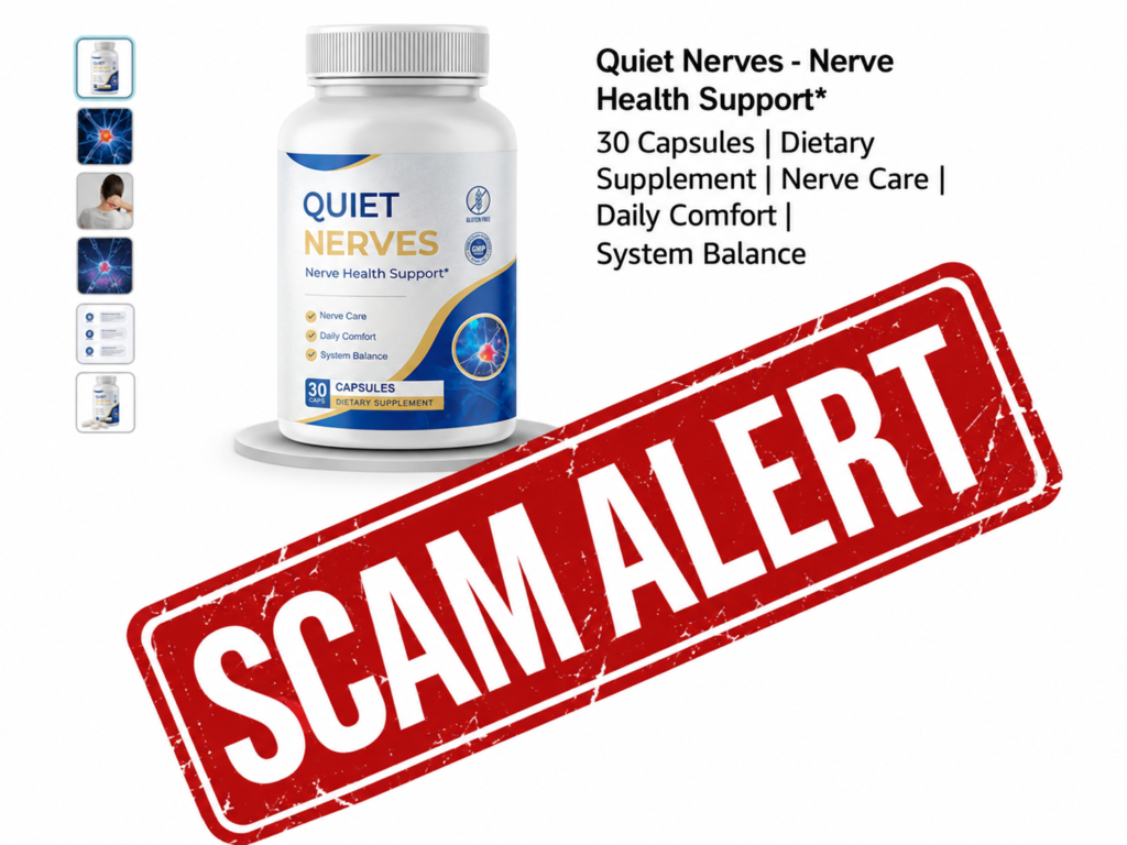 Conceptual illustration analyzing the safety, legitimacy, and review status of the Quiet Nerves supplement.