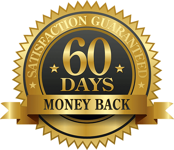 Golden round satisfaction guarantee badge featuring the text '60 DAYS MONEY BACK' in gold letters with two stars on a black center, framed by a serrated gold ribbon stating 'SATISFACTION GUARANTEED'.