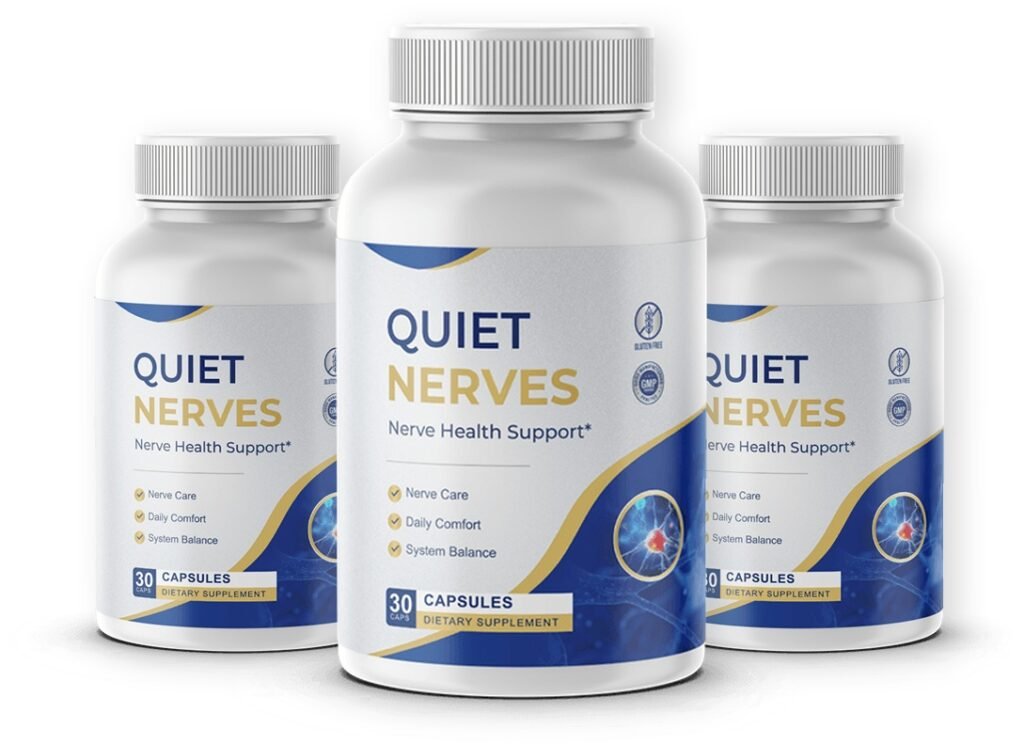 Three bottles of Quiet Nerves dietary supplement lined up against a white background.