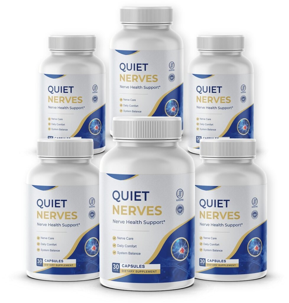 Promotional package of 6 bottles of Quiet Nerves supplement for nerve support and daily comfort on a white background.